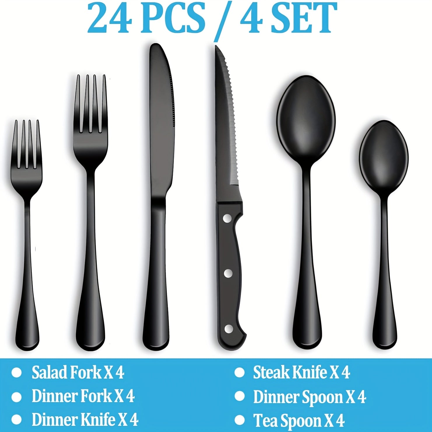 Juego de 24 piezas de cubertería negra, juego de cuchillo y tenedor de acero inoxidable, cuchillo y tenedor de bistec creativo plateado, cuchara y tenedor, cuchara de postre, adecuado para restaurantes en casa, apto para lavavajillas.