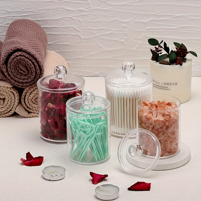 1 Paquete De 4 Piezas, Organizadores De Baño Y Contenedores De Almacenamiento, Frascos De Boticario De Plástico Transparente Con Tapas Para Bola De Algodón, Hisopo De Algodón, Almohadillas Redondas De Algodón, Hilo Dental, De 12 oz, 10 oz