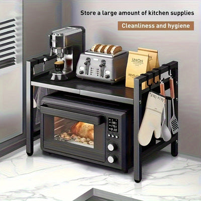 Estante de cocina metálico ajustable LDQ, soporte de microondas telescópico de 32-64cm con 6 ganchos, ajustable en altura, capacidad de 30kg, acabado pintado, doble propósito para cocinas comerciales y domésticas, estante de especias, comercial