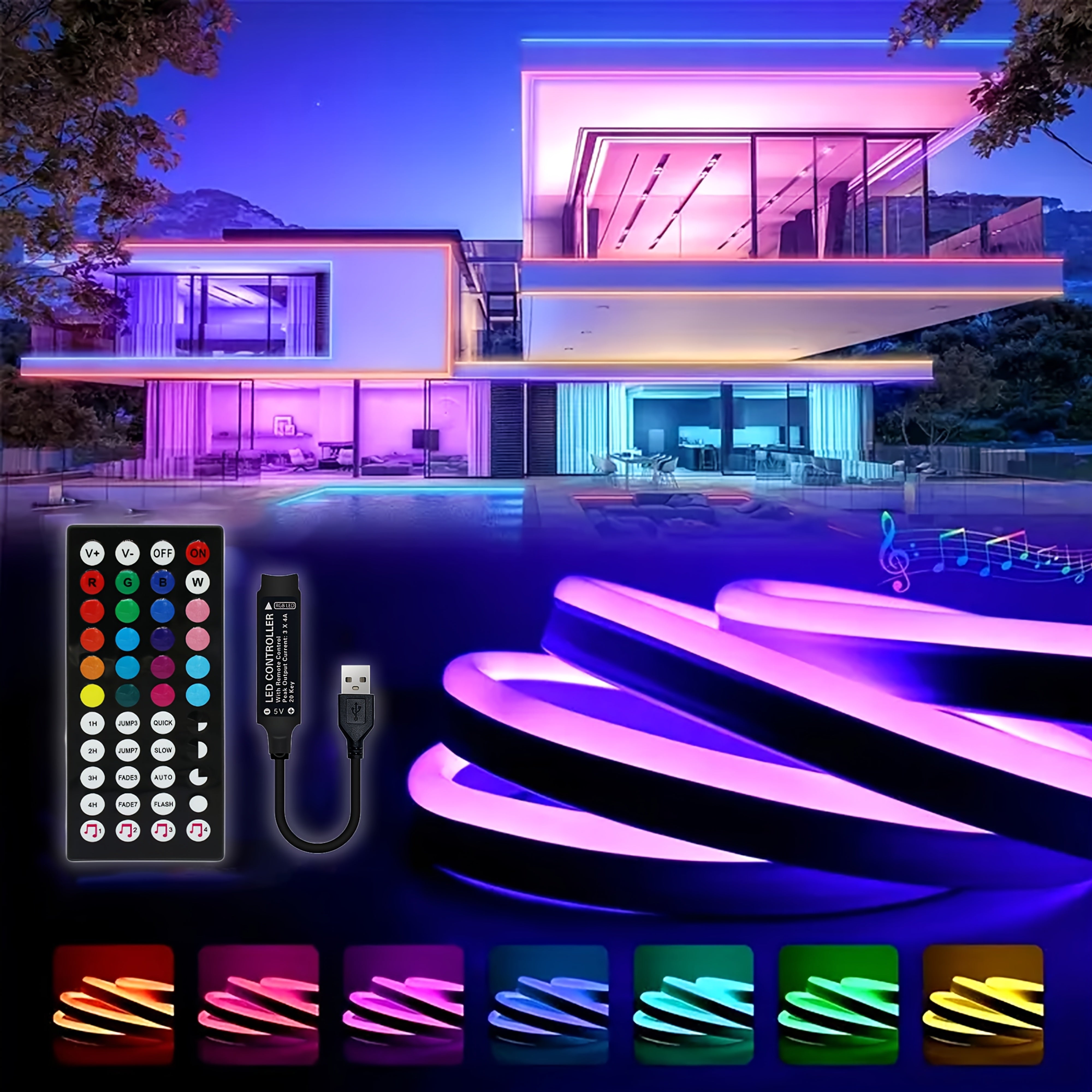 1pc Tira de luz flexible LED de neón multicolor con control remoto, alimentada por USB, brillo ajustable, cambio de color, parpadeo, flexible 360°, iluminación de atmósfera decorativa para el hogar y la fiesta