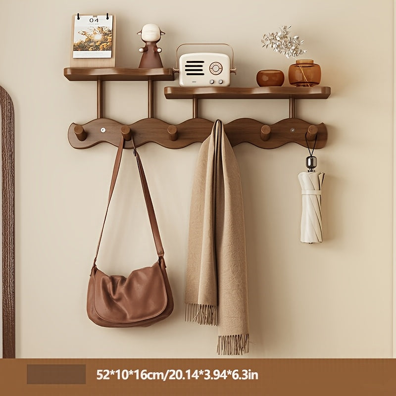 Organizador de pared estilo bohemio con 6 ganchos y colgador de llaves, diseño clásico para entrada, decoración esencial para el hogar, fácil instalación, organización del hogar | Organizador minimalista | Acabado en madera natural, decoración de pared c