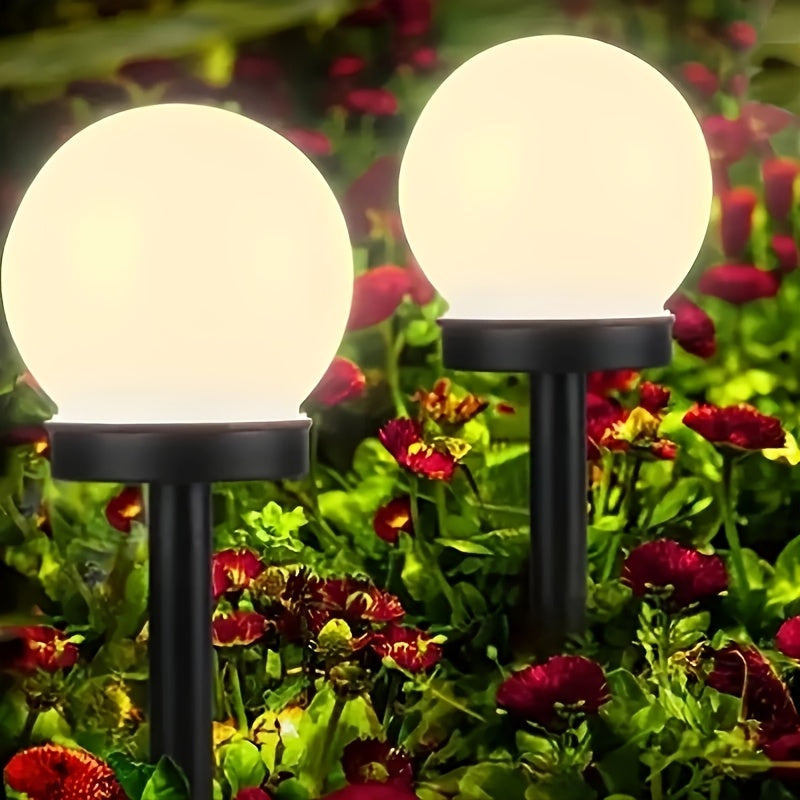 2 piezas de luces solares LED esféricas para jardín, color blanco frío/naranja frío, con estacas y accesorios para fácil instalación, decoración exterior energéticamente eficiente para patios, jardines y caminos