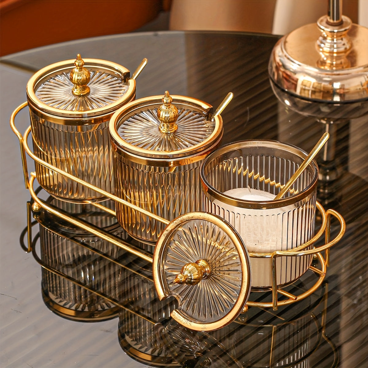 1 Set de Tarro de Condimento de Lujo Ligero para Cocina Almacenamiento de Aceite Sal Condimento Tarro de Almacenamiento 1 Estante 3 Tarros con Cuchara