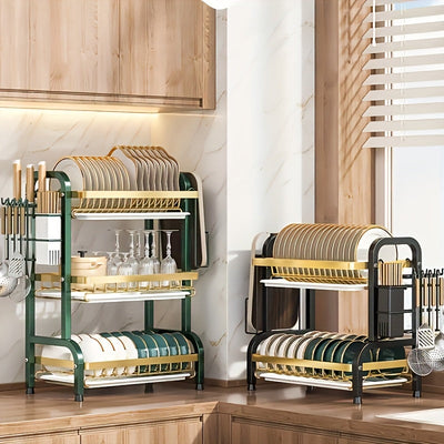 Organizador de cocina de acero inoxidable de 3 niveles con sistema de drenaje - Almacenamiento versátil para platos, utensilios y tablas de cortar, diseño de gran capacidad con soportes para cubiertos y utensilios, acabado de metal negro, organizadores y