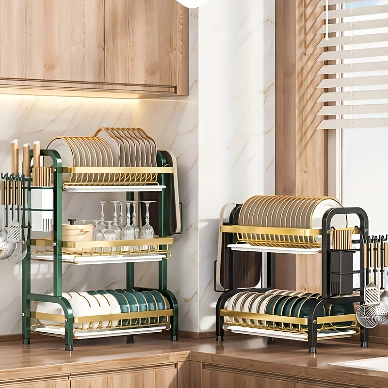 Organizador de cocina de acero inoxidable de 3 niveles con sistema de drenaje - Almacenamiento versátil para platos, utensilios y tablas de cortar, diseño de gran capacidad con soportes para cubiertos y utensilios, acabado de metal negro, organizadores y