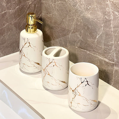 Juego de 4 piezas de cerámica con diseño de mármol para baño, incluye vaso para cepillo de dientes, dispensador de jabón líquido, ideal para hogar, alquiler o hotel