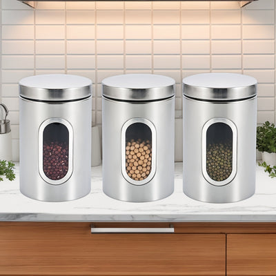 Tarros de Almacenamiento para Cocina, 3 Piezas en Acero Inoxidable con Ventana Transparente - Ideales para Café, Té y Granos - Organizador Redondo Reutilizable con Tapas Abatibles | Solución de Almacenaje Moderna | Utensilios de Cocina Duraderos