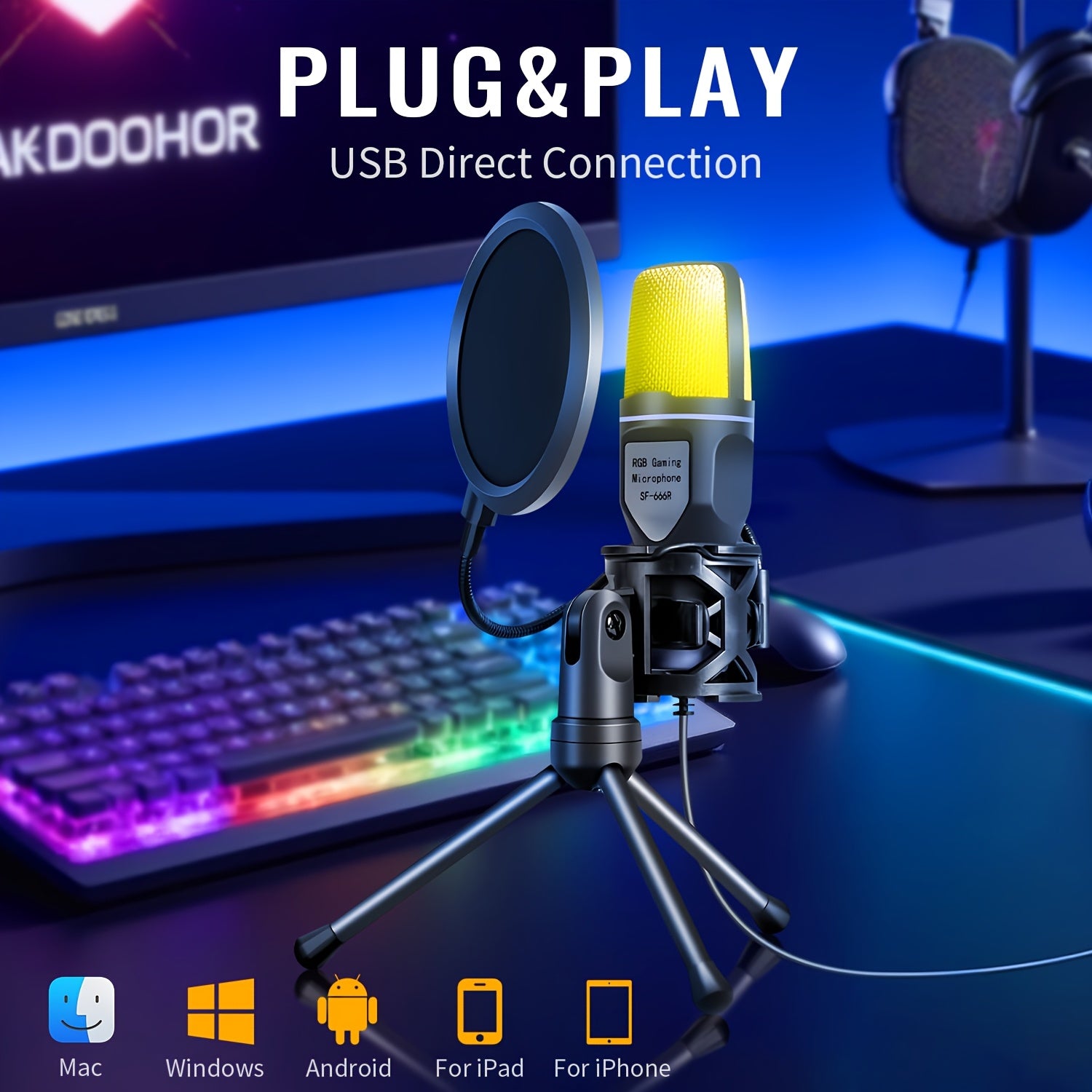 Micrófono condensador RIKSOIN USB, iluminación RGB, soporte de trípode ajustable de 3 etapas, negro, con conector USB Type-A, para juegos, canto, karaoke, videoconferencia, transmisión, portátil y escritorio