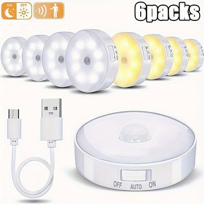 6 luces LED con sensor de movimiento recargables por USB – Iluminación moderna con brillo ajustable para mesita de noche y escaleras, diseño en plástico blanco para dormitorio, residencia y uso en el hogar, luz con sensor de movimiento para interiores