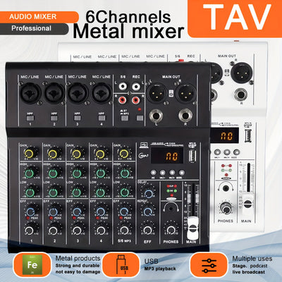 Consola Mezcladora de Audio Metálica Profesional TAVOOSOP de 6 Canales con Interfaz USB, Mezclador de Sonido Portátil para Transmisión en Vivo, Podcasting, DJ y Karaoke - , Sonido de Alta Fidelidad, Grabación Multicanal, Podcasting Escénico y Mezcla Musi