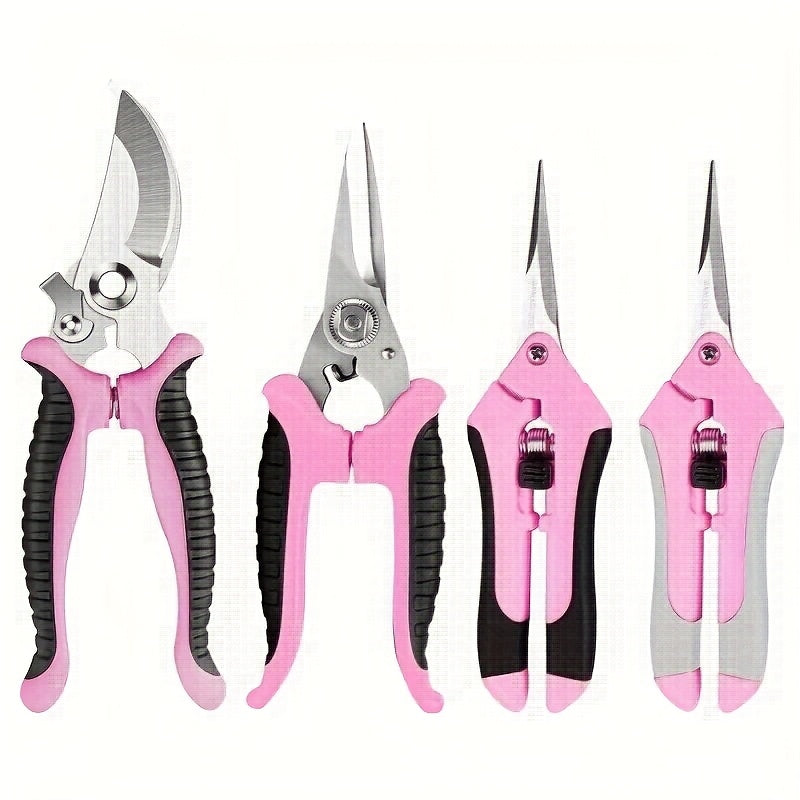 Juego de 4 Tijeras de Poda Profesionales Rosas - Tijeras de Jardinería de Acero Inoxidable para Flores/Ramas, Kit Multiusos Manual