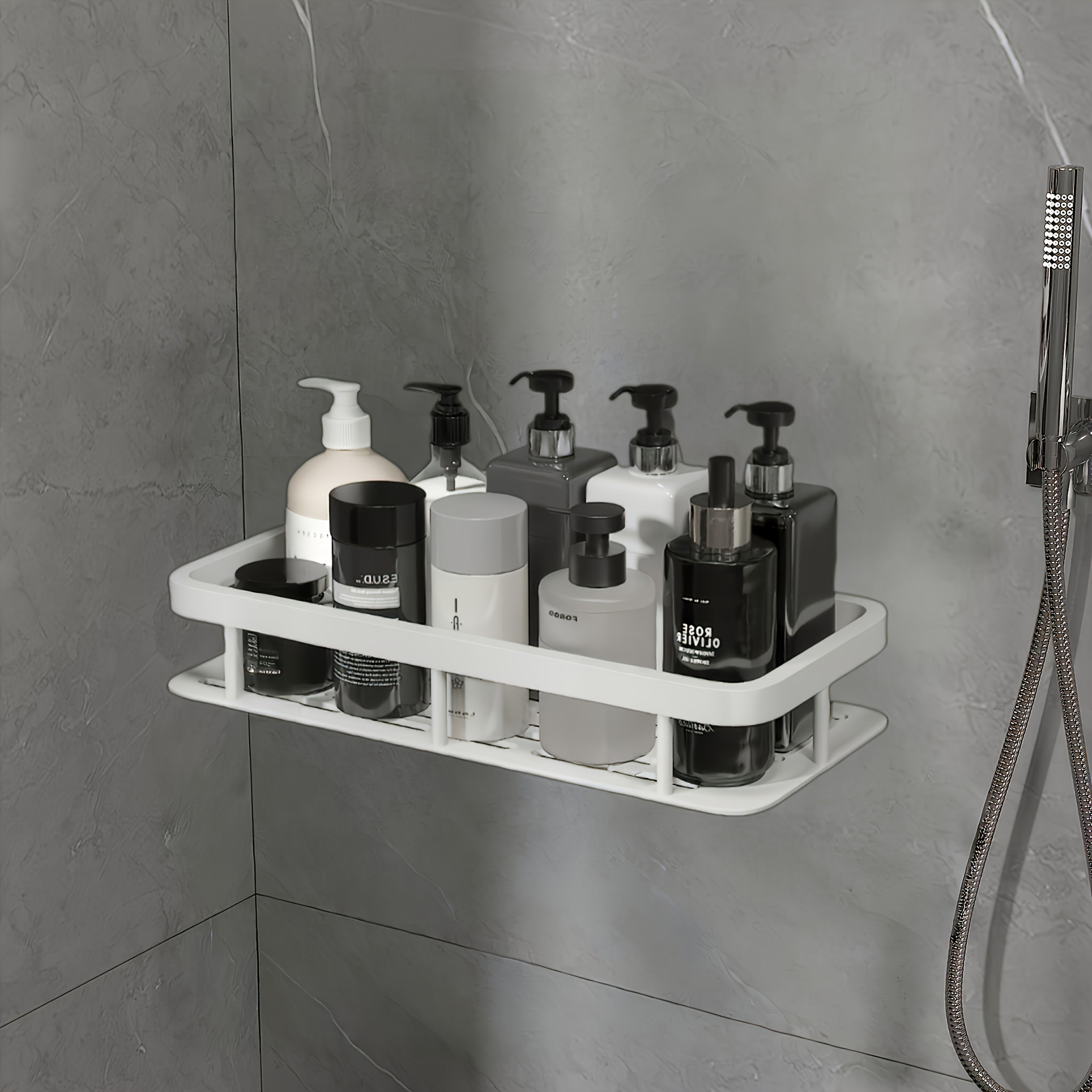 Caddy de ducha montado en la pared, gran capacidad, instalación sin taladrar, estante flotante para baño y cocina, ahorrador de espacio, fácil de instalar, sostiene 20 accesorios de ducha.