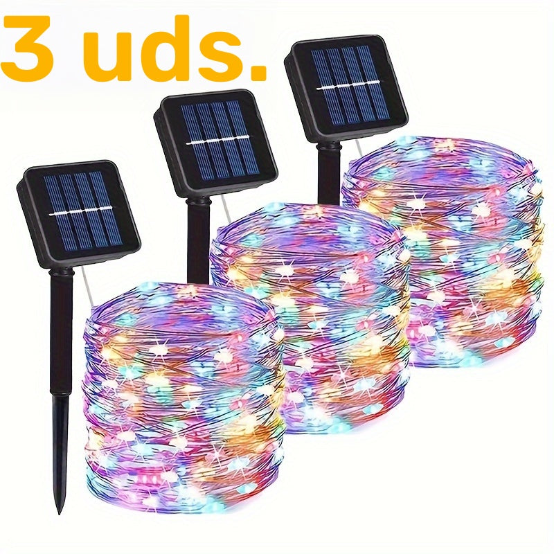 Luces solares de cadena para exteriores, paquete de 3 luces de hadas multicolores, opciones de 50/100/200/300 LED, tema espacial de Mardi Gras, control de sensor de luz, batería de níquel con energía solar, para jardín, árboles, fiestas, bodas, decoració