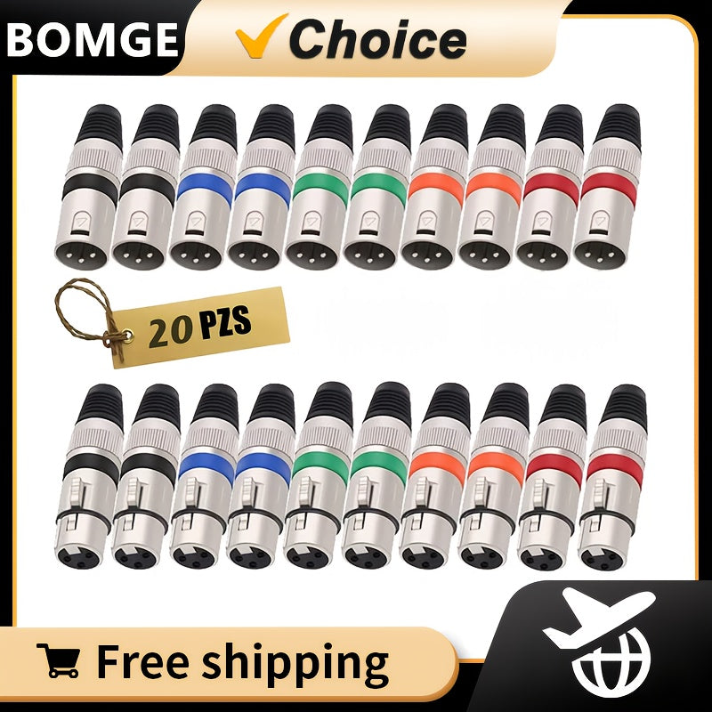 20 piezas de conectores de audio XLR 3 pines BOMGE - 10 colores, adaptadores masculinos y femeninos para micrófonos y DMX, compatibles con SM7B, SM7DB, SM57, BETA58, envío gratuito, equipo de audio profesional | Conectores coloridos | Construcción durade