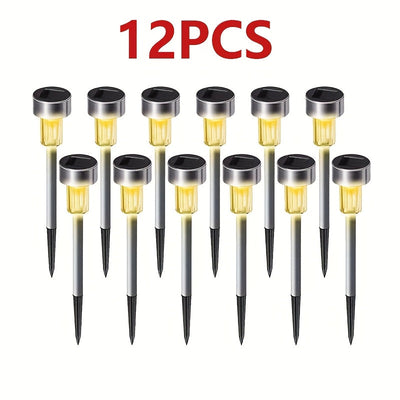 Un conjunto de 12 luces solares de camino con diseño semi enterrado, fabricadas de acero inoxidable para iluminación decorativa al aire libre. Son eficientes en energía y emiten una luz blanca suave/cálida/luz cálida/luz de color, adecuadas para patios,