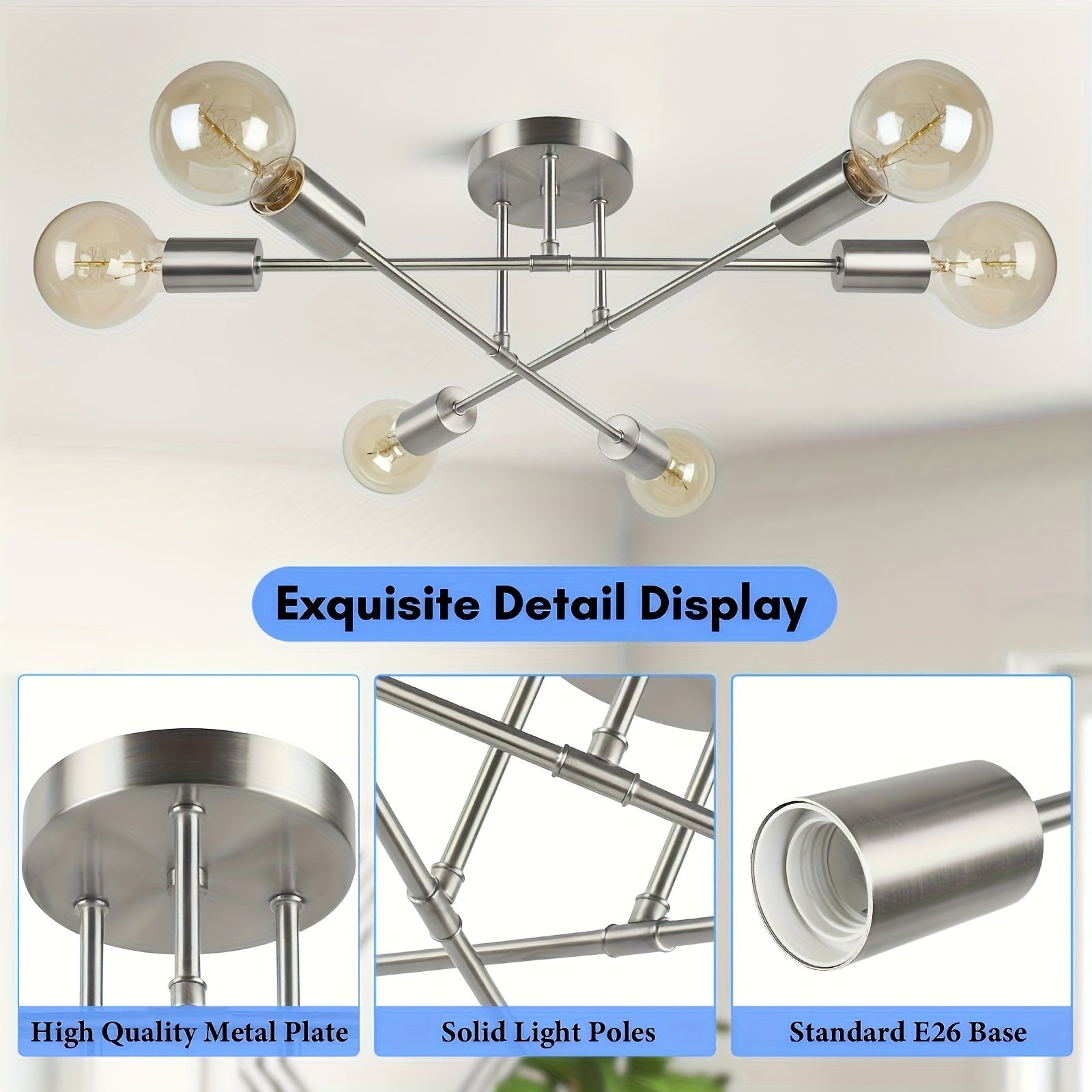 Araña estilo Sputnik moderna con pantallas metálicas desmontables, luz de techo semiempotrada para sala, dormitorio, cocina, comedor y espacios comerciales, incluye hardware de instalación (foco no incluido), grado comercial, acabado metálico, conexión c