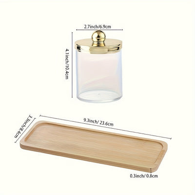 Juego de 3 frascos de plástico para hisopos con tapa dorada, organizador de algodón, bolas y discos de 10 oz, set de botes transparentes para baño con bandeja, dispensador para almacenamiento