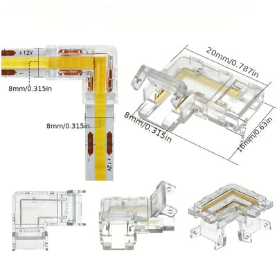 Kit de conectores para tiras LED de 8mm/10mm de ancho, 6 piezas de conectores en L transparentes sin espacio y 4 piezas de conectores de tira a tira para luces LED PWM FCOB CCT