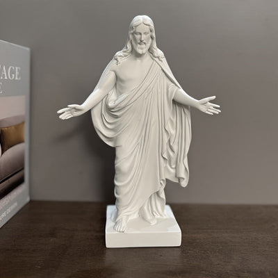 Estatua de Jesús de resina artesanal - Elegantes ropas blancas con halo dorado, decoración serena para interiores, perfecta para sala de estar, regalo ideal para Navidad, Acción de Gracias y devoción cristiana.