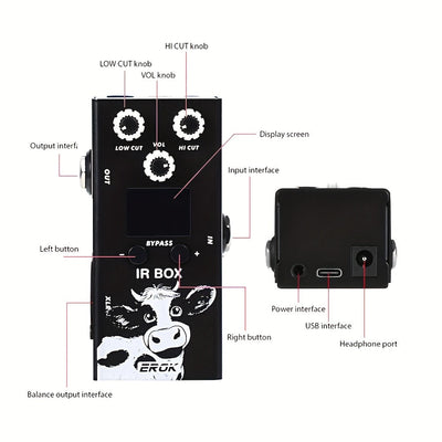 EROK IR-BOX Pedal de Efectos para Guitarra y Bajo con 32 Preseleccionados, Control por App Móvil, EQ de 9 Segmentos, Alimentación USB, Fabricado en China