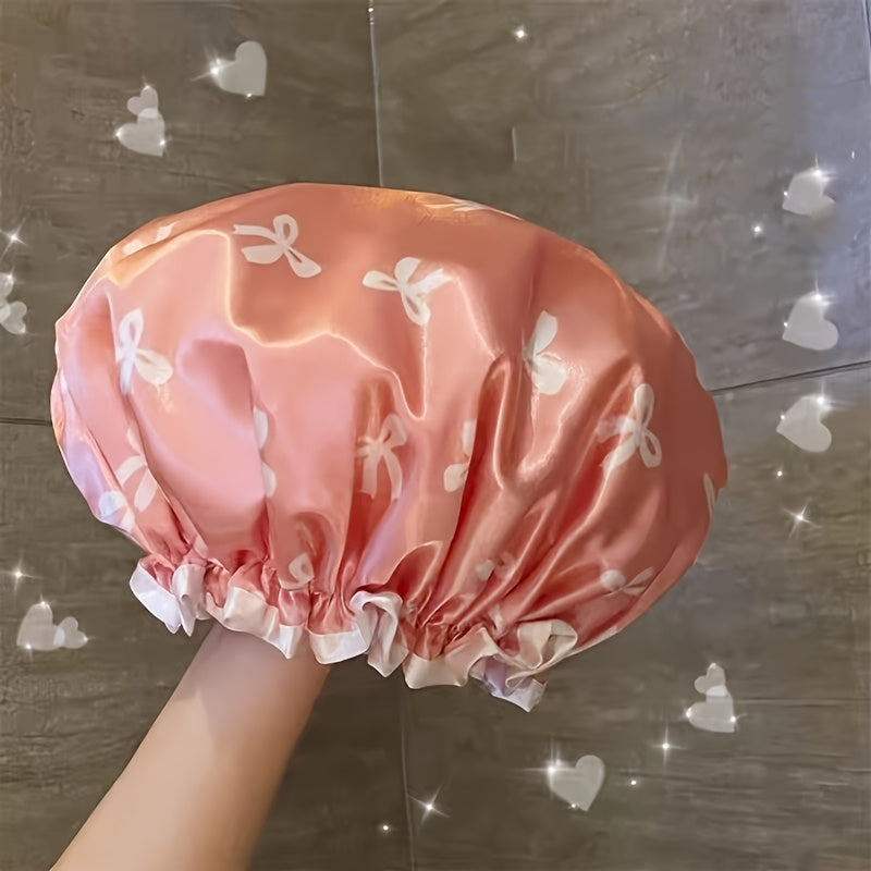 1 gorro de baño doble capa para mujer, reutilizable, con estampado floral y bordes con volantes, ideal para spa y salón, accesorios para baño, accesorios para ducha | Gorro con estampado floral | Diseño de doble capa