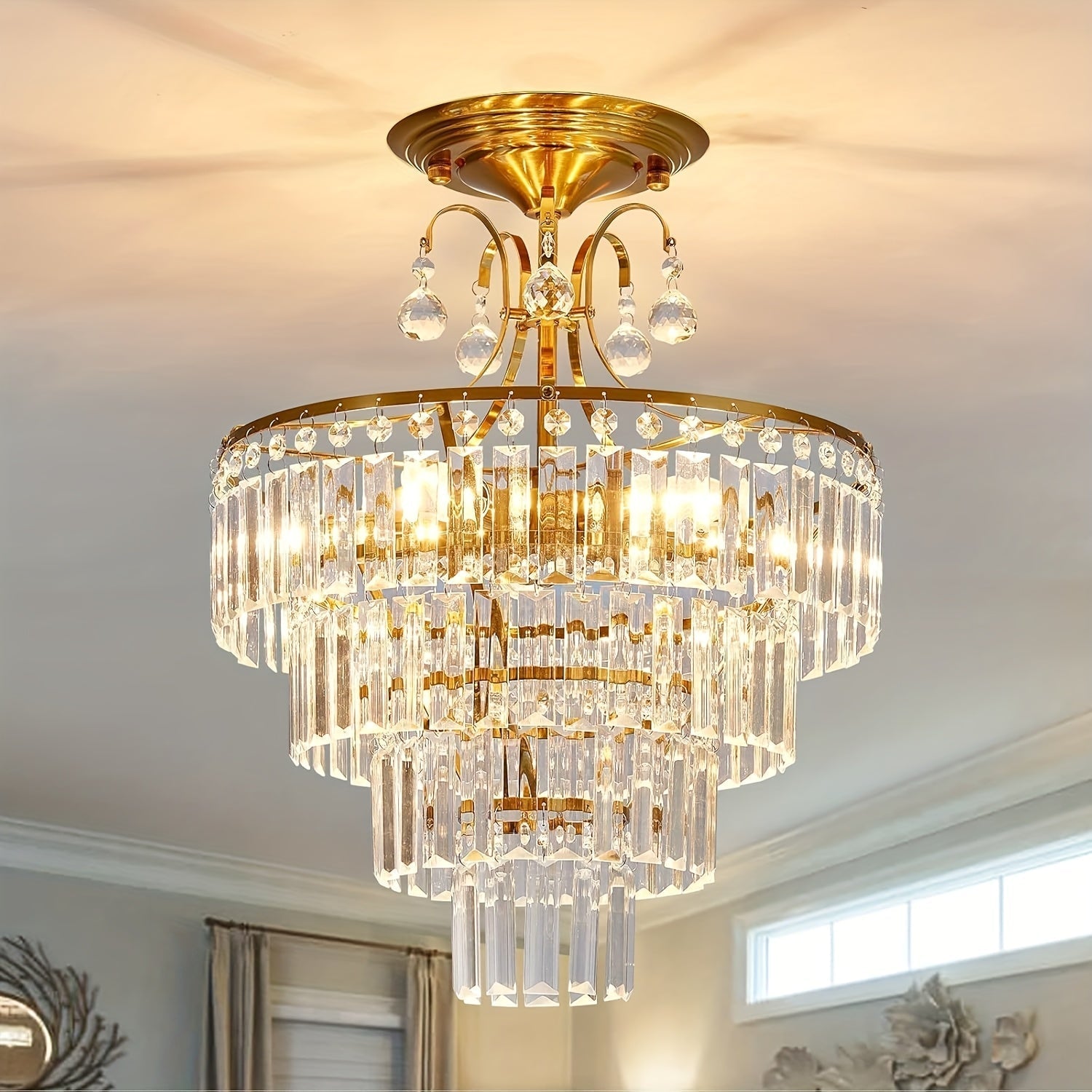 Luminaria de techo de cristal dorado elegante con luz de techo E14 - Montaje semi-empotrado moderno para dormitorio, salón, cocina, pasillo, comedor, dirección de luz arriba y abajo, cableado duro 110-240V, sin accesorios incluidos, Diseño de araña moder
