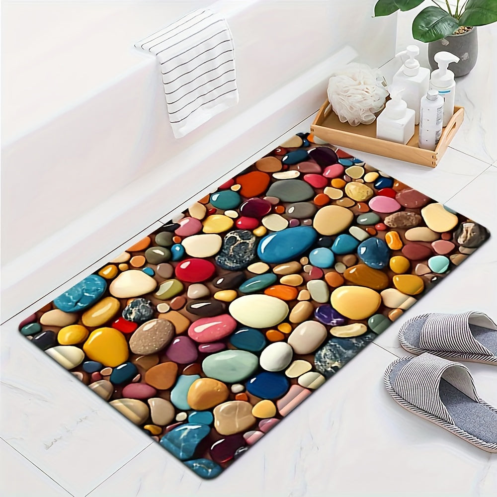 1pc Alfombra de esponja súper absorbente con patrón de guijarros coloridos, antideslizante, lavable en máquina, 100.00% poliéster. Para baño, cocina, dormitorio - Alfombra decorativa para el hogar, alfombra de baño