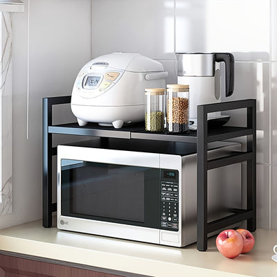 Carrito de cocina expansible de 2 niveles de acero inoxidable con 6 ganchos - Ideal para microondas, electrodomésticos y almacenamiento de especias - Perfecto para la organización de la cocina moderna, solución de almacenamiento de cocina | Carrito de co