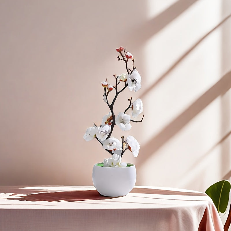 1pc Planta Artificial de Flor de Ciruelo Elegante en Maceta Blanca Falsa - Flores Realistas para Decoración de Hogar y Jardín, Ideal para Navidad, Halloween, Pascua, Acción de Gracias, Día de la Madre - No Necesita Energía, Contenedor Incluido