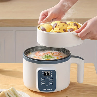 BALASHOV Cocina Eléctrica Inteligente de 1.7L para Olla Caliente y Ramen - Antiadherente, 6 Modos con Protección contra Sobrecalentamiento y Secado, Vaporera de Doble Capa para Arroz, Sopa, Pasta y Más - Perfecta para 2-3 Personas, Diseño Blanco y Negro