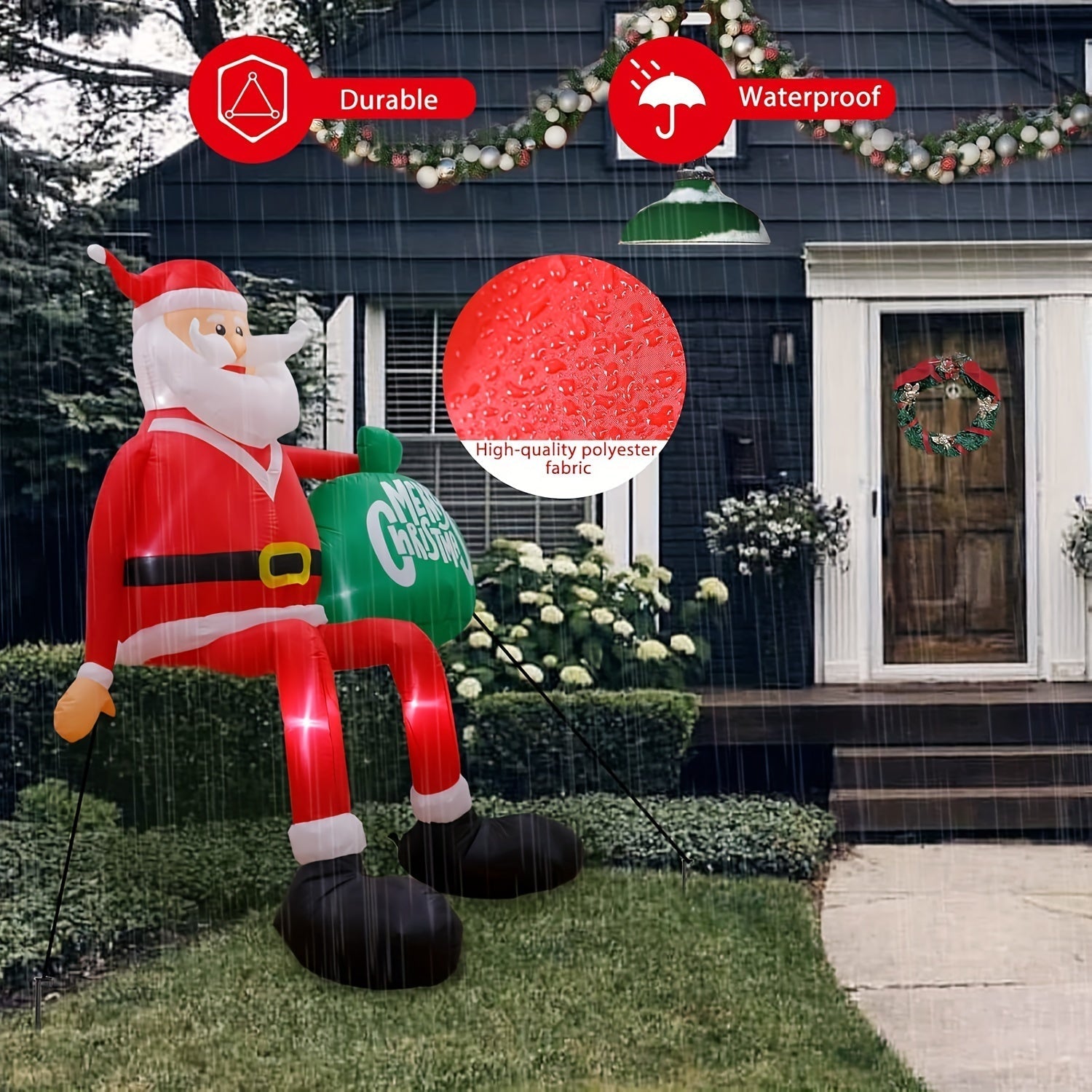 Papá Noel inflable en el techo con bolsa verde decoración de jardín, tema de vacaciones de Navidad, material de poliuretano, con luces LED, para montaje en techo, alimentado por enchufe de 120V EE. UU.