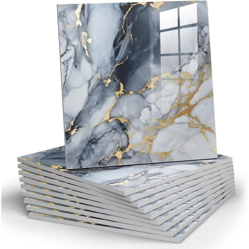 12 paneles autoadhesivos de mármol para pared de ducha, impermeables, elegantes en blanco y gris con vetas doradas, ideales para baño, cocina y sala, azulejos de PVC de 29.97 cm x 29.97 cm | Textura de mármol | Estructura de PVC, decoración para baño