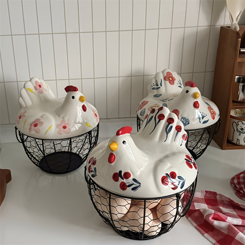 Cesta de huevos de alambre de metal cerámico rústico con tapa - Organizador de almacenamiento de cocina multifuncional para frutas y verduras, decoración duradera y elegante con diseño floral, soporte de huevos para refrigerador.