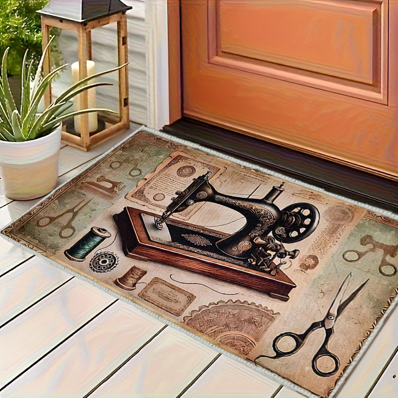Tapete con diseño de máquina de coser y tijeras vintage - Suave, antideslizante, lavable a máquina, fácil de limpiar, resistente al desgaste, para sala, dormitorio, cocina, baño, lavandería, oficina, entrada y decoración del hogar, tapete lavable
