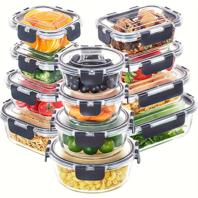 12 piezas de contenedores de almacenamiento de alimentos de vidrio con tapas - A prueba de fugas, microondas, horno y lavavajillas, cajas de almuerzo rectangulares reutilizables para preparación de comidas y organización del refrigerador.