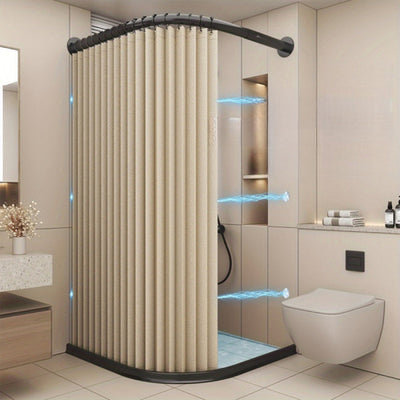 Cortina de baño plegable de alta calidad sin perforación, con ganchos metálicos, tela beige texturizada, diseño moderno para separación de áreas secas y húmedas, privacidad, fácil almacenamiento, divisor de zona húmeda, complemento de decoración contempo
