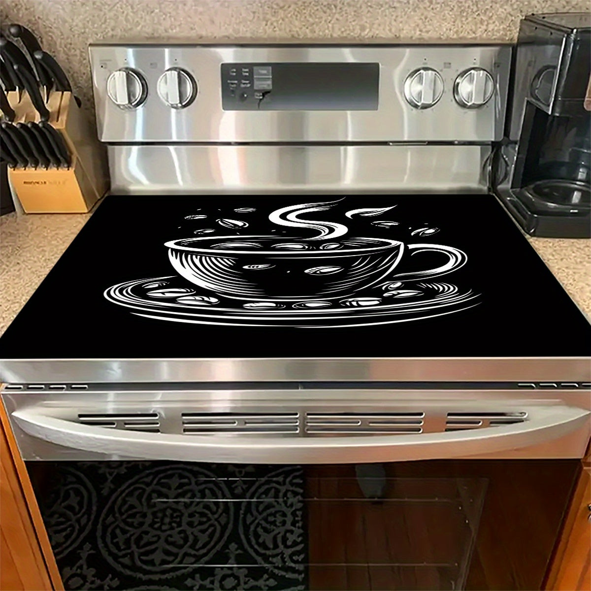 Tapete Protector para Estufa de 1 Pieza con Diseño de Taza de Café - Estilo Boceto en Blanco y , Resistente al Calor y Antirrayas, Superficie Fácil de Limpiar Duradera, Ajustable a Todas las Encimeras de Cocina, Decoración Elegante para la Cocina, Protec
