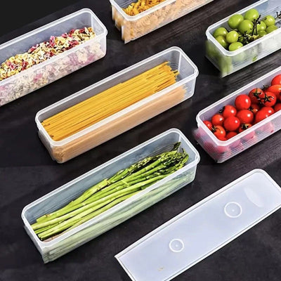Juego de cuatro contenedores largos para almacenamiento de alimentos, ideales para mantener cebollas verdes, cilantro, jengibre, ajo, fideos y huevos organizados en el refrigerador, perfectos para esenciales de la cocina.