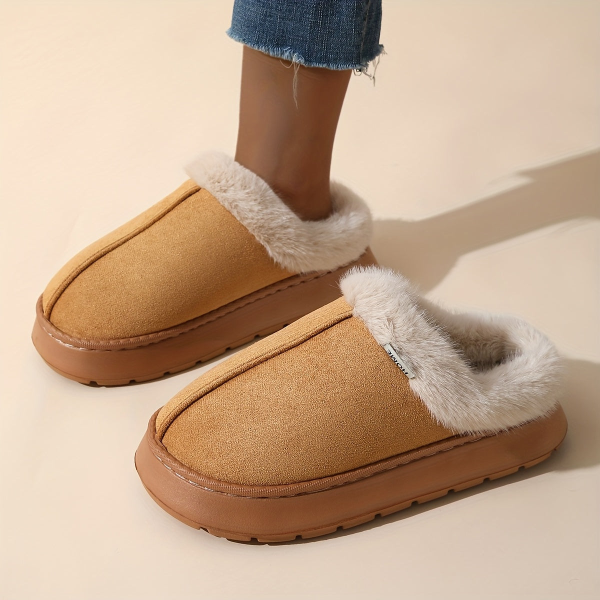 Elegantes zapatillas cortas de felpa para mujer que se ponen sin atar, con suela gruesa de EVA acolchada - Parte superior de tejido suave, comodidad para todas las estaciones, uso interior/exterior, zapatillas de interior, calzado de interior, zapatillas