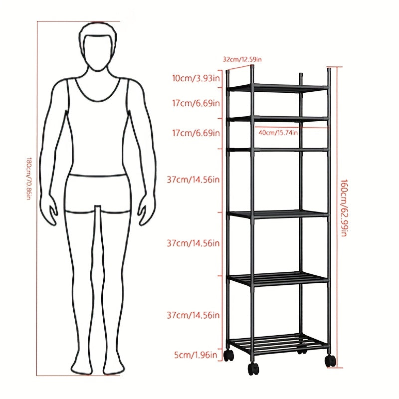 Estante rodante de 6 niveles con ruedas - Organizador ajustable de marco metálico y plástico para cocina, lavandería o dormitorio - Carrito móvil fácil de armar que ahorra espacio