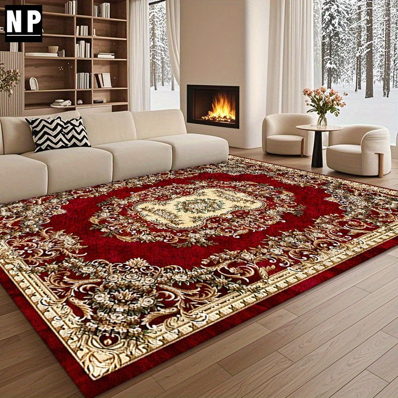 Gran alfombra floral de terciopelo de 850g/m² - Diseño vintage con borde dorado, gruesa y suave, poliéster duradero, forma rectangular, perfecta para sala de estar, dormitorio, comedor y oficina, decoración de sala de estar | Diseño vintage floral | Text
