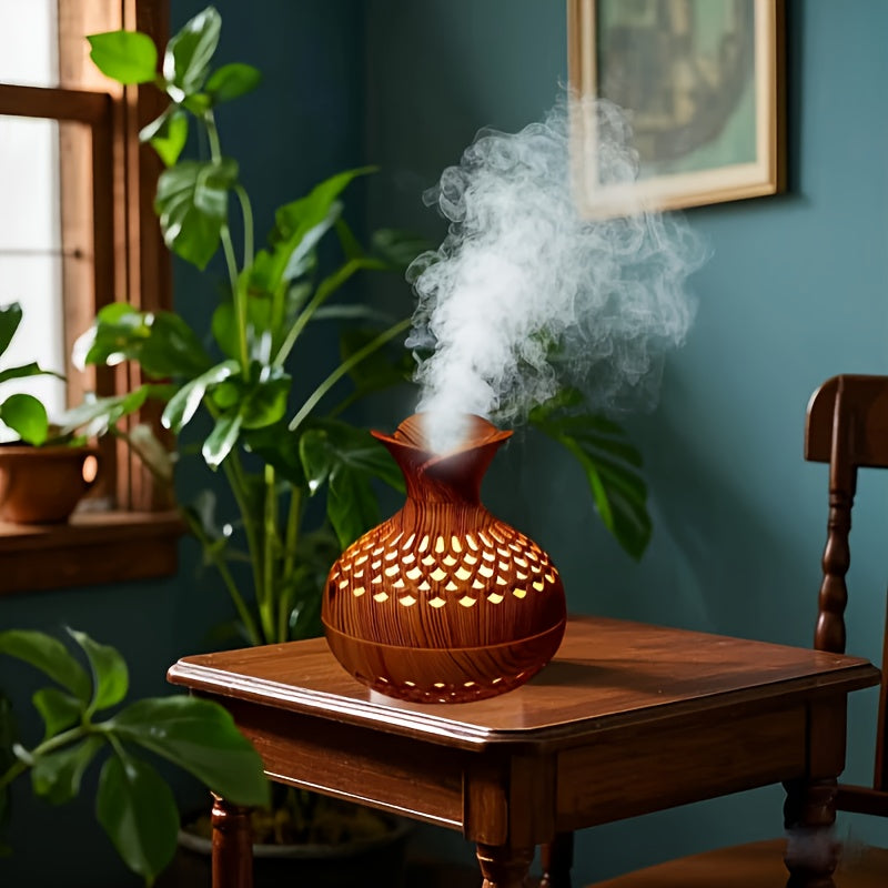 Humidificador de Lujo con Grano de Madera, Nebulizador Frío USB, Diseño Elegante Cortado por Láser, Difusor de Aceites Esenciales y Purificador de Aire para Dormitorio - Idea de Regalo Festivo