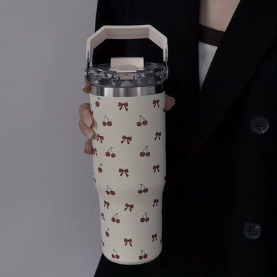 1 pieza de vaso aislado de acero inoxidable de la serie tulipán, 900 ml/33,44 oz, botella de agua reutilizable de gran capacidad con asa y pajilla, doble boca para beber, fondo plano, solo lavado a mano.
