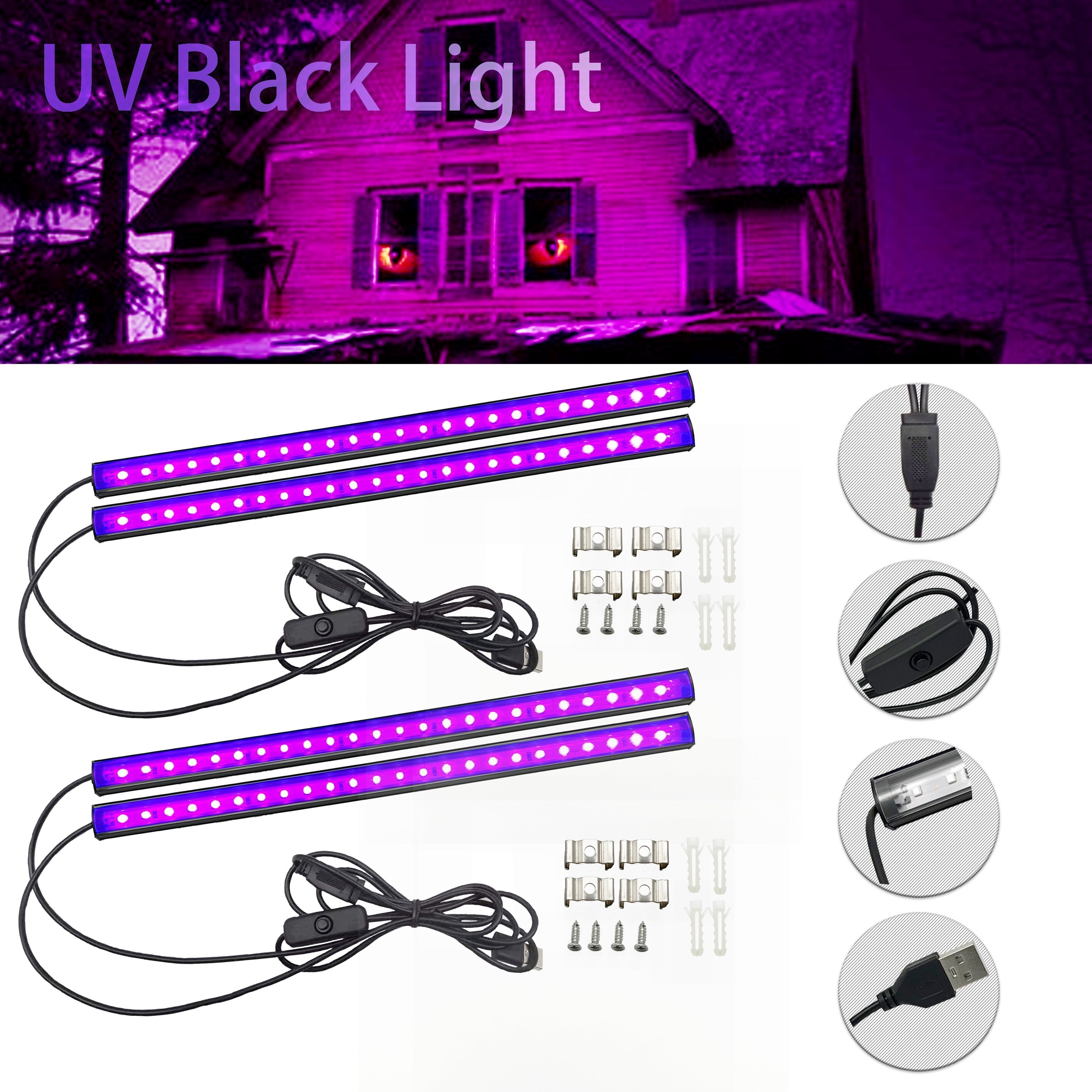 2 piezas/4 piezas de lámpara de tira LED negra de 12 pulgadas USB para dormitorio, pintura fluorescente, póster, fiesta, resplandor en la oscuridad, Halloween