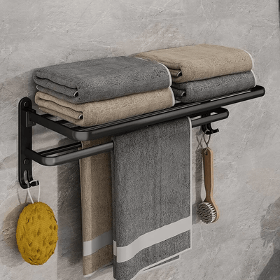 Porta toallas plegable de 50 cm, color negro mate, con gancho, montaje en pared, aluminio, soporte utilitario