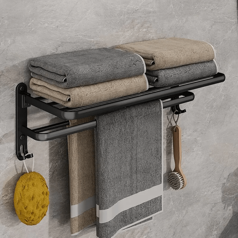 Porta toallas plegable de 50 cm, color negro mate, con gancho, montaje en pared, aluminio, soporte utilitario