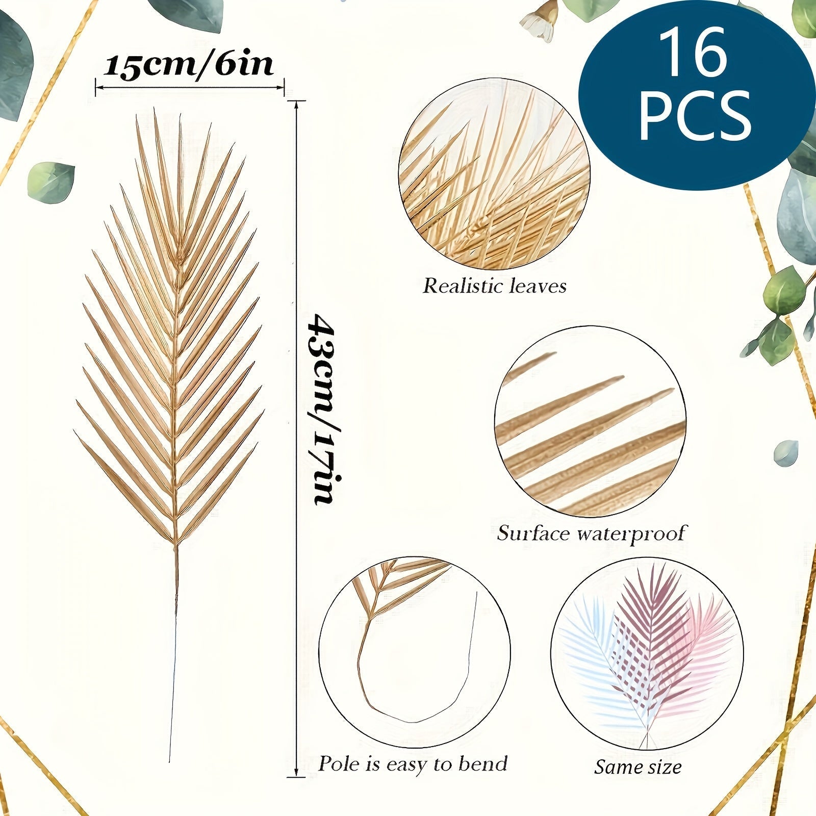 16 piezas de Hojas Artificiales Doradas para Palmeras - Decoración Típica Tropical Realista para Interiores/Exteriores del Hogar, Centros de Mesa, Rellenos para Jarrones DIY, Perfecto para Bodas, Cumpleaños, Festividades y Más, Ideal para Navidad, Perfec