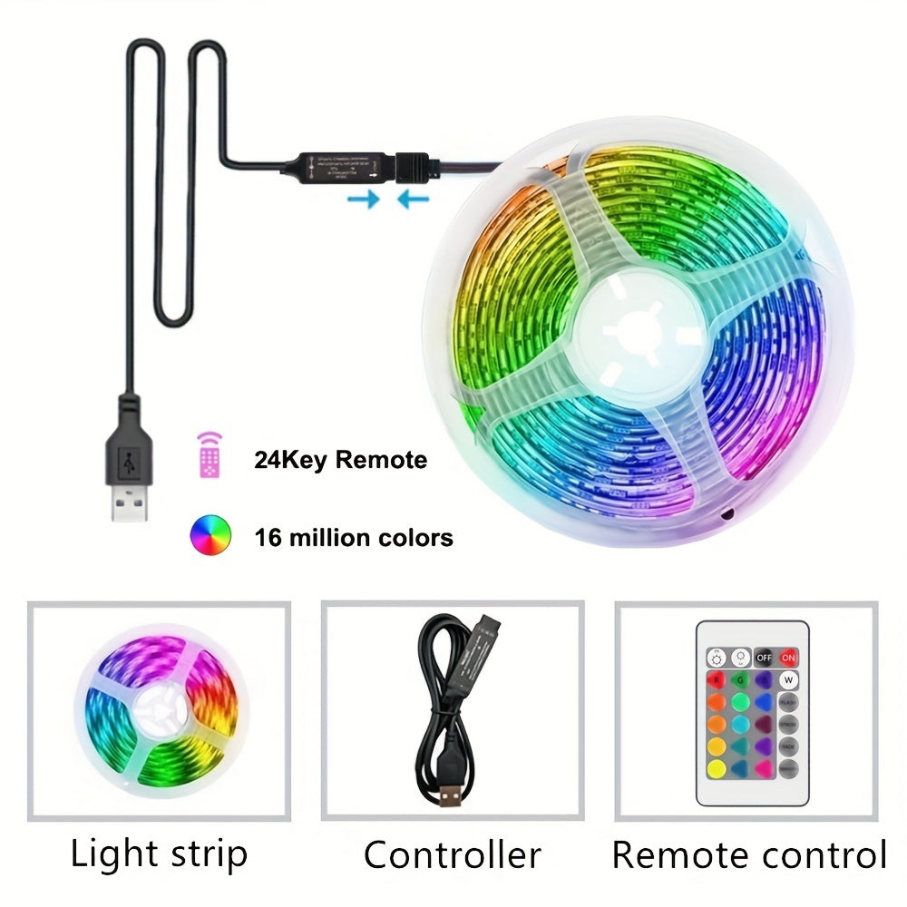 1pc Tira de luces LED RGB con mando a distancia, iluminación de cinta flexible alimentada por USB, control infrarrojo, montaje en pared y escritorio, cambio de color, control de tecla, cubierta de luz de vidrio, batería de botón no recargable, para decor