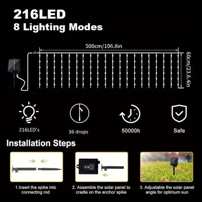 Luces de cascada con energía solar AMill - 59.98 metros x 7.19 metros, 216 luces LED, 8 modos con control remoto, perfectas para jardín, balcón, decoración de cumpleaños y bodas