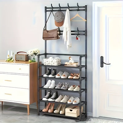 Estantería Multifuncional de 5 Niveles con 8 Ganchos Dobles - Organizador de Zapatos y Ropa en Acero Inoxidable, Marco Metálico Resistente para Sala, Baño o Tienda, Unidad Versátil de Almacenamiento, Estante Contemporáneo y Robusto, Ahorra Espacio